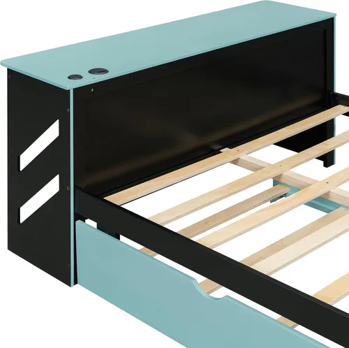 Miniatura 9 de Cama para juegos, sofá cama de tamaño matrimonial con escritorio, cama de plataforma matrimonial de madera con cama nido de tamaño individual y USB