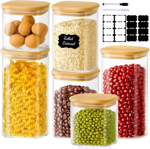 Miniatura 20 de TBWIND Contenedores de almacenamiento de vidrio con tapas de bambú, paquete de 7 tarros herméticos de vidrio transparente en tamaños mixtos