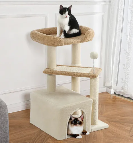 Miniatura 9 de Made4Pets - Árbol para gatos, torre de gato con alfombra gris para gatos de interior, lindo condominio de madera para gatitos con poste para rascar