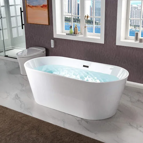 Miniatura 2 de WOODBRIDGE Bañera de remojo acílica blanca independiente de 67 pulgadas con kit de drenaje y relleno de bañera de montaje en piso en ORB