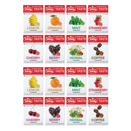 Miniatura 14 de Vitalp Taste, hecho en Suiza, caramelo duro sin azúcar con Stevia, vegano, sabor a caramelo cremoso, paquetes de 25g/0.88 onzas, 16 cajas