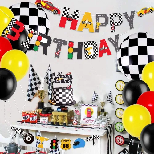 Miniatura 5 de Hot Wheels - Suministros para fiesta de cumpleaños de coche de carreras, bandera, decoración de pastel, bandera a cuadros, temática de carreras