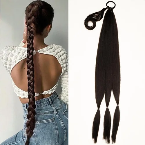 Miniatura 14 de Extensión de cola de caballo de trenza larga con lazo elástico, 1 unidad, extensiones de cabello sintético lacio y elegante envolvente para mujer