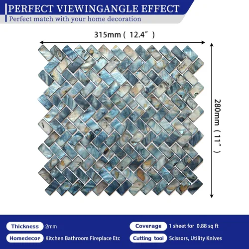 Miniatura 2 de MOP Azulejo de mosaico de concha de nácar en espiga para salpicaduras, se utilizan para salpicaduras de cocina y azulejos de pared de baño, azul