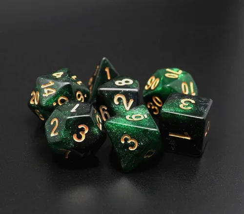 Miniatura 2 de Juego de dados poliédricos DND con brillo para juegos de rol de mazmorras y dragones (D&D) RPG, dados verdes mezclados con nebulosa negra