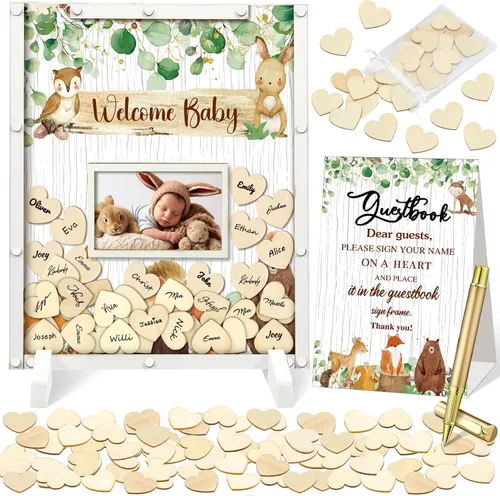 Miniatura 9 de Beeveer 65 piezas de libro de invitados para baby shower, libro de invitados azul para baby shower, libro de invitados con marco de fotos y 60 chips