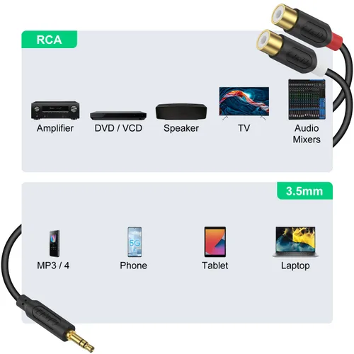 Miniatura 4 de J&D Cable auxiliar a RCA, serie Audiowave chapado en oro, 0.138 in macho a 2RCA hembra, adaptador de audio estéreo auxiliar para auriculares Jack