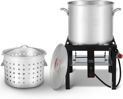 Miniatura 11 de Feasto Olla para hervir mariscos de 60 cuartos de galón con cesta y quemador, kit de olla y quemador de mariscos de aluminio con salida de 100,000
