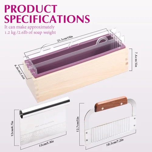 Miniatura 2 de Kit de moldes de jabón de silicona, molde de jabón rectangular flexible de 42 onzas con caja de madera y tableros divisores acrílicos, cortador