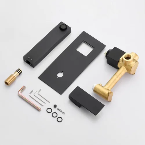Miniatura 5 de SUMERAIN Grifo de lavabo de baño de montaje en pared negro mate, grifo para lavabo/vasija, válvula de latón de instalación preliminar incluida