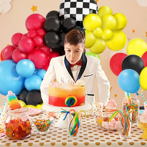 Miniatura 4 de Kit de guirnalda de arco de globos de auto de carreras, globo de aluminio a cuadros rojo, amarillo, azul, negro, decoración de fiesta de cumpleaños