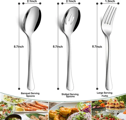 Miniatura 2 de Herogo Juego de 6 utensilios de acero inoxidable para servir, incluye cucharas, cucharas ranuradas, tenedores, juego de anfitriona de metal