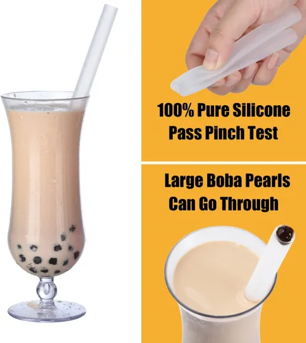 Miniatura 4 de ALINK Pajitas Boba reutilizables de silicona transparente, paquete de 4 popotes extra anchos para té de burbujas, batidos, perlas de tapioca