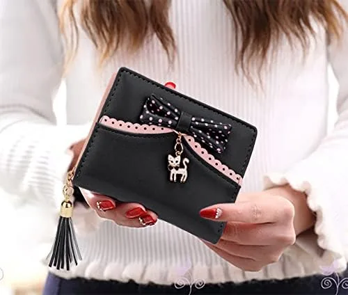 Miniatura 2 de UTO Cartera para niñas de piel sintética con colgante de gato con borla y cremallera, organizador de tarjetas para mujer, pequeño y lindo monedero