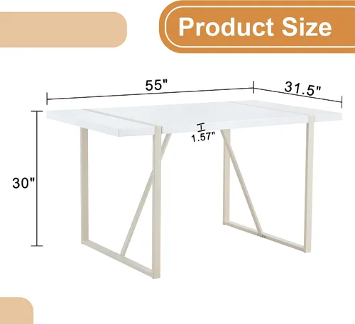 Miniatura 2 de Mesa de comedor rectangular industrial estilo crema para 4 6 personas con parte superior de 1.5 pulgadas de grosor y patas de metal blanco e