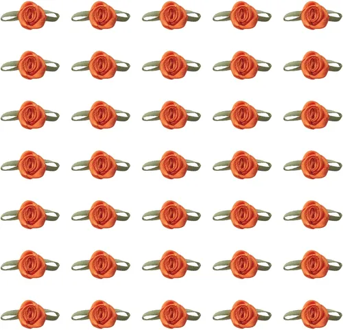 Miniatura 6 de 50 piezas de rosas de satén con hojas verdes, lazos de cinta mini lindos, suministros de flores artificiales de tela, adorno de aplique