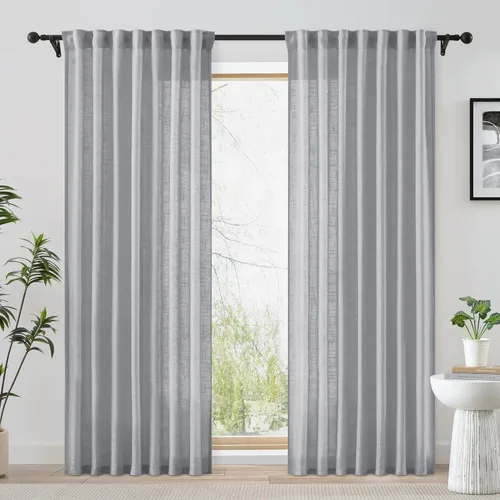 Miniatura 15 de FMFUNCTEX - Cortinas semitransparentes de lino de 114 cm de largo para dormitorio y sala de estar, paneles beige de lino texturizado para ventana
