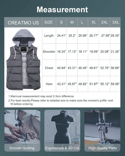 Miniatura 56 de CREATMO US Chaleco cálido para mujer, chaleco grueso acolchado sin mangas con capucha desmontable