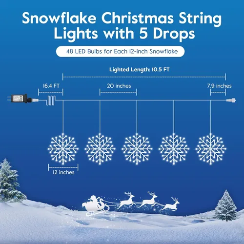 Miniatura 4 de Luces de Navidad Brightown estilo carámbano para exterior - Enchufe de 3.2 m, 5 gotas, 240 LED, luz de ventana con forma de copo de nieve con 8