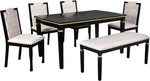 Miniatura 8 de Harper & Bright Designs Juego de 6 sillas de mesa de comedor de cocina, mesa rectangular de 60 pulgadas y 4 sillas copetudas de respaldo alto y 1