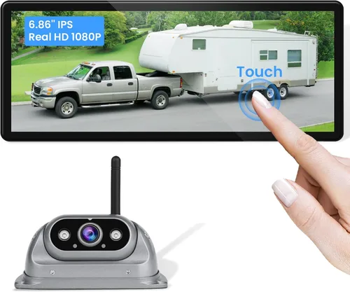 Cámara de respaldo inalámbrica RV fácil de instalar: Plug & Play para Furrion RV precableada - 6.86 pulgadas 1080P IPS HD pantalla táctil sin