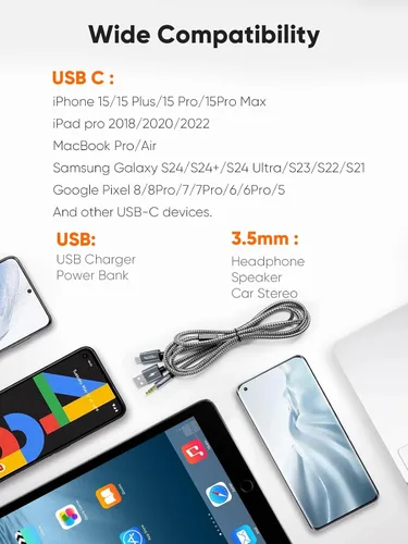 Miniatura 8 de CableCreation USB C a 3.5mm Cable de Audio con Cable de Carga USB, Cable Auxiliar para Coche, Tipo C a Jack Auxiliar para Auriculares, Estéreo
