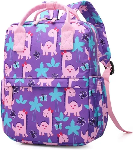 Linda mochila preescolar para niños pequeños, bolsa de viaje con correa para el pecho (12 pulgadas, dinosaurio femenino)