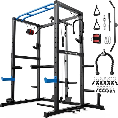 Sportsroyals Jaula de Potencia, Rack de Potencia Multifuncional de 1600 libras con Sistema de Cruce de Cable Ajustable y Más Accesorios de Azul