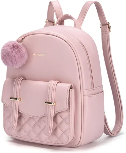 Missnine Mini mochila para mujer, bonita mochila pequeña con pompón, de piel sintética, mochila pequeña casual para mujer, rosado (2-Pink)