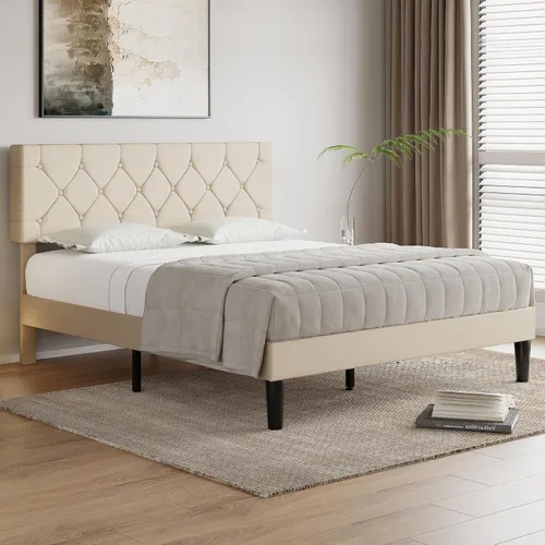 Miniatura 18 de VECELO Base de cama tamaño individual con cabecera capitoné con botones, base de cama tapizada con soporte de listones de madera, no necesita Beige