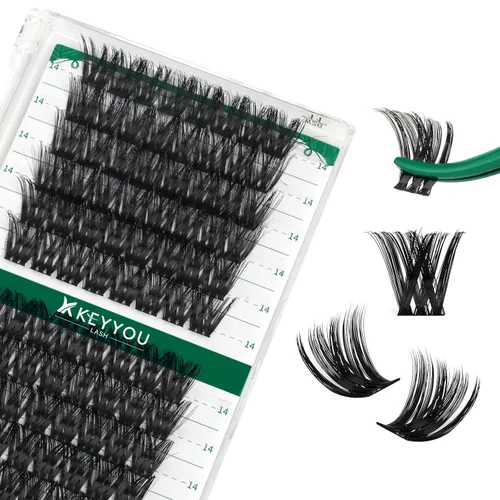 KEYYOU - 96 piezas de pestañas en racimo Y07 con rizo en D, extensiones de pestañas individuales de 35/64 de pulgada, suaves y cómodas, fáciles de