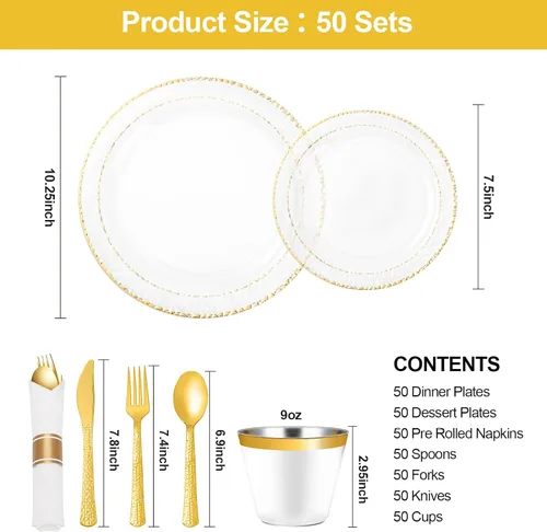 Miniatura 2 de Bestluck 350 piezas de platos de plástico transparentes con ribete dorado para 50 invitados, juego de vajilla desechable para fiesta y boda