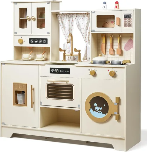 Juego de cocina para niños, juego de cocina de madera con 26 piezas, accesorios de comida y utensilios de cocina, regalo para niñas y niños de más