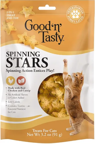 Good 'n' Tasty Spinning Stars - Golosina para gatos, 3.2 onzas, regalo 2 en 1 y juguete hecho con pollo real, hígado de pollo y hierba gatera,