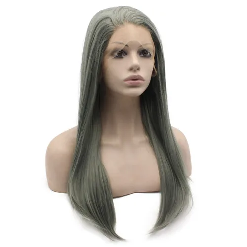 Miniatura 2 de Mxangel - Peluca de encaje frontal de fibra resistente al calor, natural, larga, recta, verde oscuro, gris