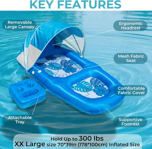 Miniatura 2 de Fabric Covered Inflatable Pool Lounger Float Adult, 70"x39" Extra Large Pool Float w/ UPF50+ Sunshade Canopy & Cupholder Caddy, Water Floaties Raft