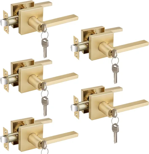 Miniatura 14 de EHOMEWARE Juego de manijas de puerta delantera doradas, palanca de puerta cuadrada resistente de latón y cerrojo de un solo cilindro reversible