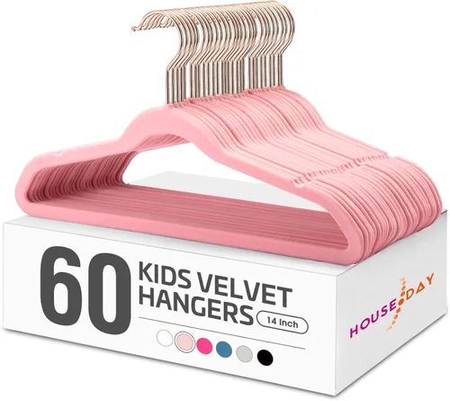 HOUSE DAY Perchas Velvet Kids Paquete de 60, Perchas Premium para Niños para Armario, Colgador de Ropa Ultra Delgado y Lindo, Percha de Fieltro Rosa
