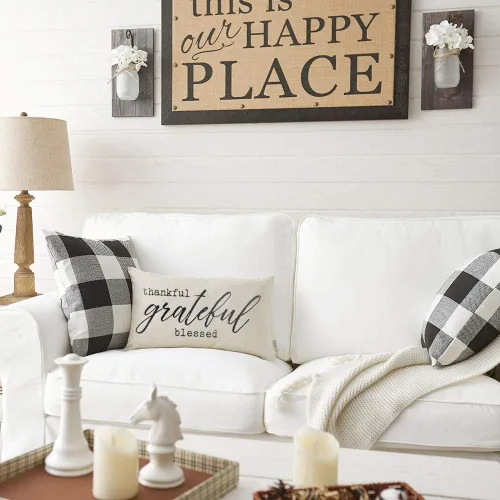 Miniatura 5 de Meekio Farmhouse - Fundas de cojín con cita en inglés ,»THIS IS US» 12" x 20" , almohadas lumbares estilo farmhouse con decoración rústica