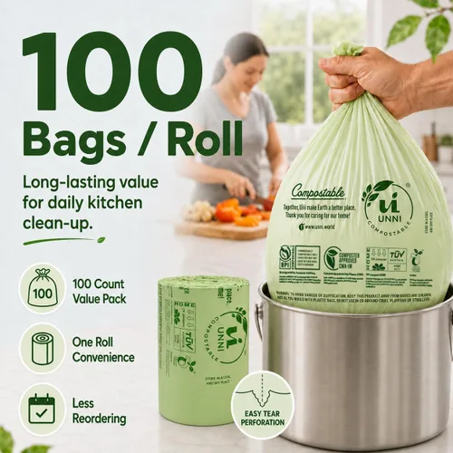 Miniatura 7 de Bolsas de basura compostables UNNI, 2.6 galones / 9.84 litros, 100 unidades, extra gruesas de 0.71 mil, forros para contenedores pequeños de restos
