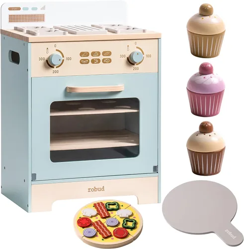 Miniatura 8 de ROBOTIME Juego de cocina de juguete de madera con horno, accesorios de cocina de simulación Montessori con juguetes de comida de pizza y cupcakes