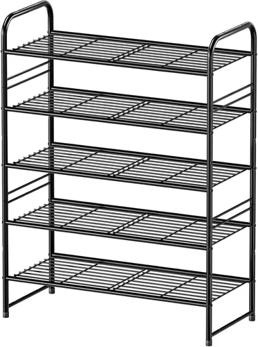Miniatura 10 de Zapatero simple de 2 niveles y 27 pulgadas de ancho, estante organizador de zapatos de metal resistente para entrada, puerta delantera, color negro