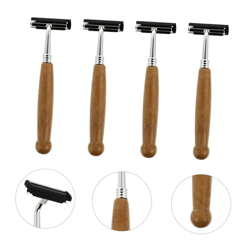 Miniatura 3 de balacoo 4 unids hombres tradicional mango de bambú afeitar afeitar acero inoxidable herramienta de peluquería para afeitar suave