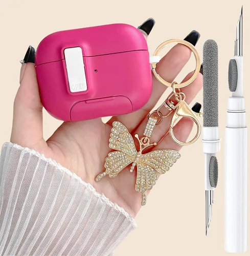 Miniatura 9 de Bonita funda rosa para Airpods de 4 generación con cerradura y llavero de mariposa brillante para mujeres femeninas, funda rígida transparente única