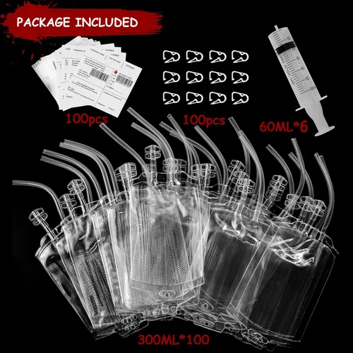Miniatura 4 de Lansian Paquete de 100 bolsas de sangre de Halloween para bebidas, bolsas de sangre intravenosa reutilizables para decoraciones de fiesta
