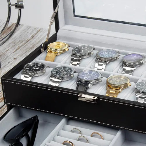 Miniatura 3 de GUKA Caja de reloj con 12 ranuras, organizador de exhibición de reloj, caja de joyería de cuero, cajón de cristal, cumpleaños para hombres
