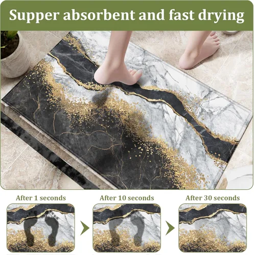 Miniatura 5 de Tapete de baño de mármol blanco y negro, antideslizante, lavable, de secado rápido, para entrada, interior y exterior, lavandería, 17 x 30 pulgadas