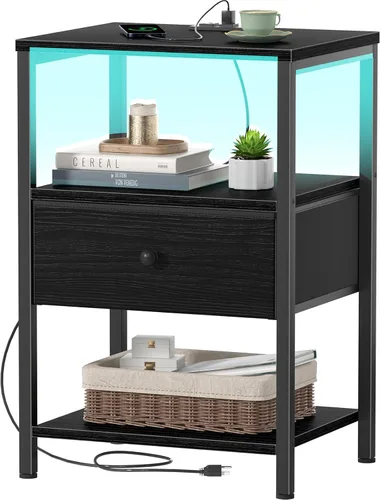 Miniatura 11 de BOLUO - Mesita de noche blanca con estación de carga, mesita de noche LED con cajones de tela y estante, mesa de cabecera con puertos USB y tomas