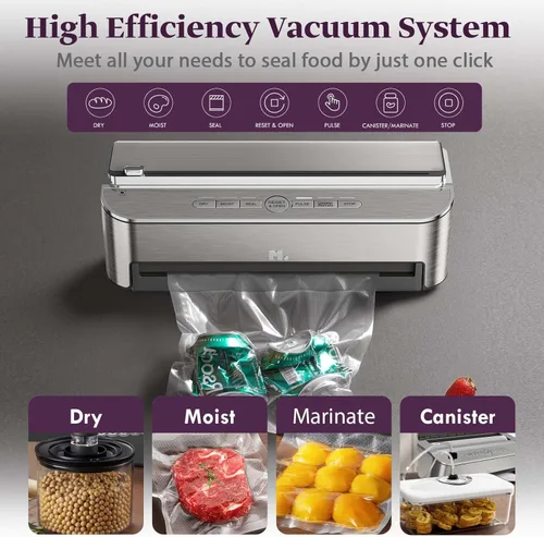 Miniatura 4 de Mesliese Máquina selladora al vacío, sellador automático de alimentos de 85 kPa 120 W, potente sistema de sellado, cortador integrado Acero
