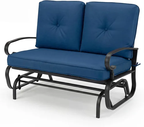 Miniatura 11 de Tangkula Silla mecedora para exteriores, banco planeador de patio para 2 personas, sofá biplaza mecedora para exteriores con marco de acero y Azul